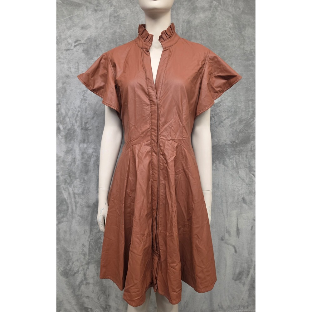 Faux Leather Ruffle Neck Fit and Flare Dress Camel Brown Cognac Flutter Sleeve M